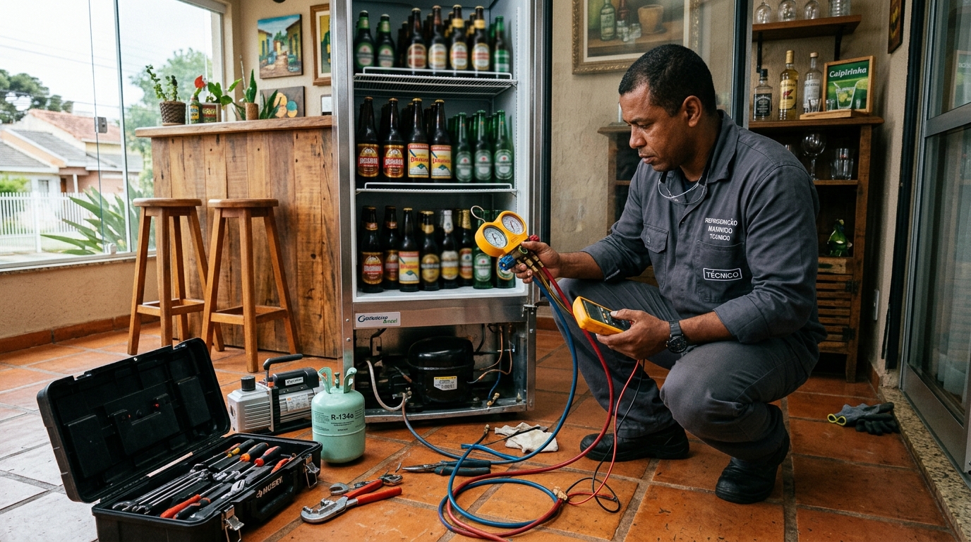 Profissional executando reparo no motor de cervejeira em Fortaleza‑CE