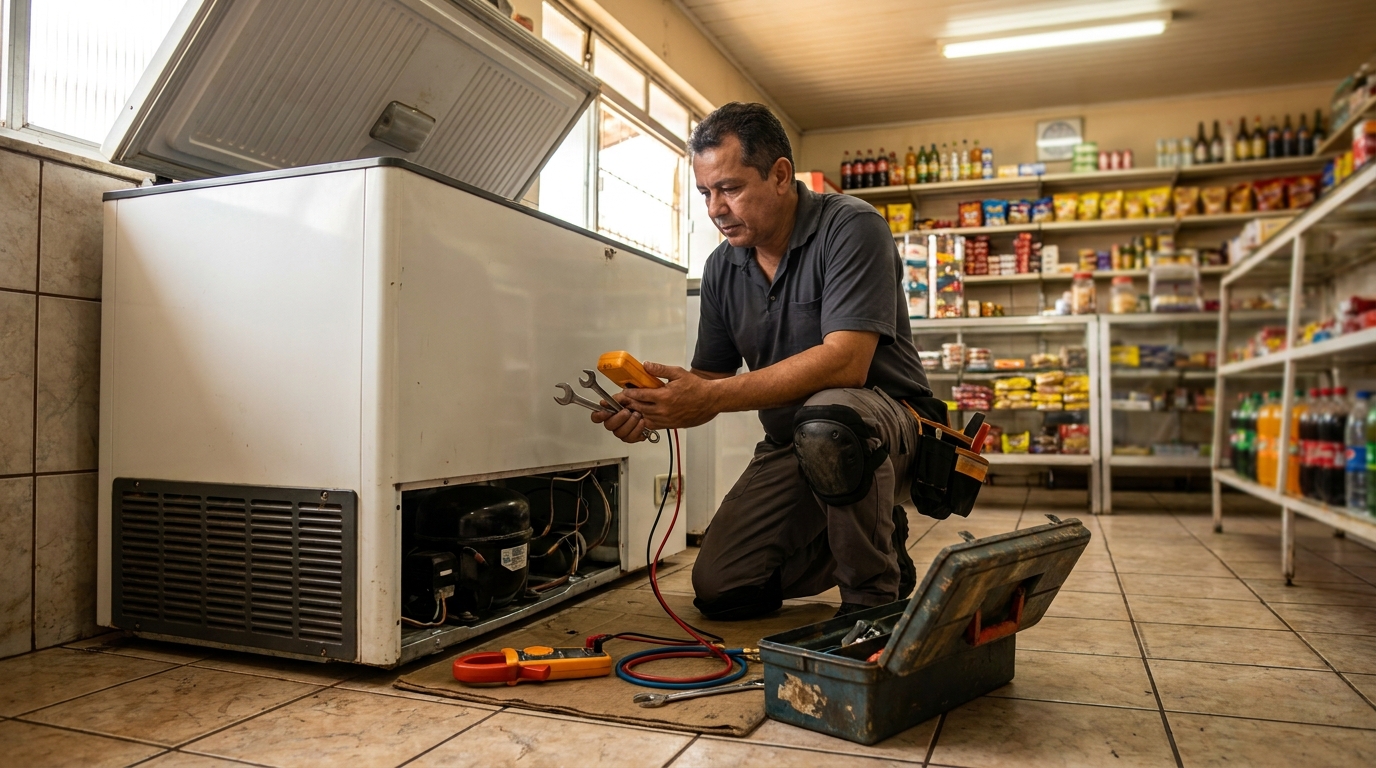 Profissional executando manutenção no motor de freezer no Dendê, Fortaleza‑CE