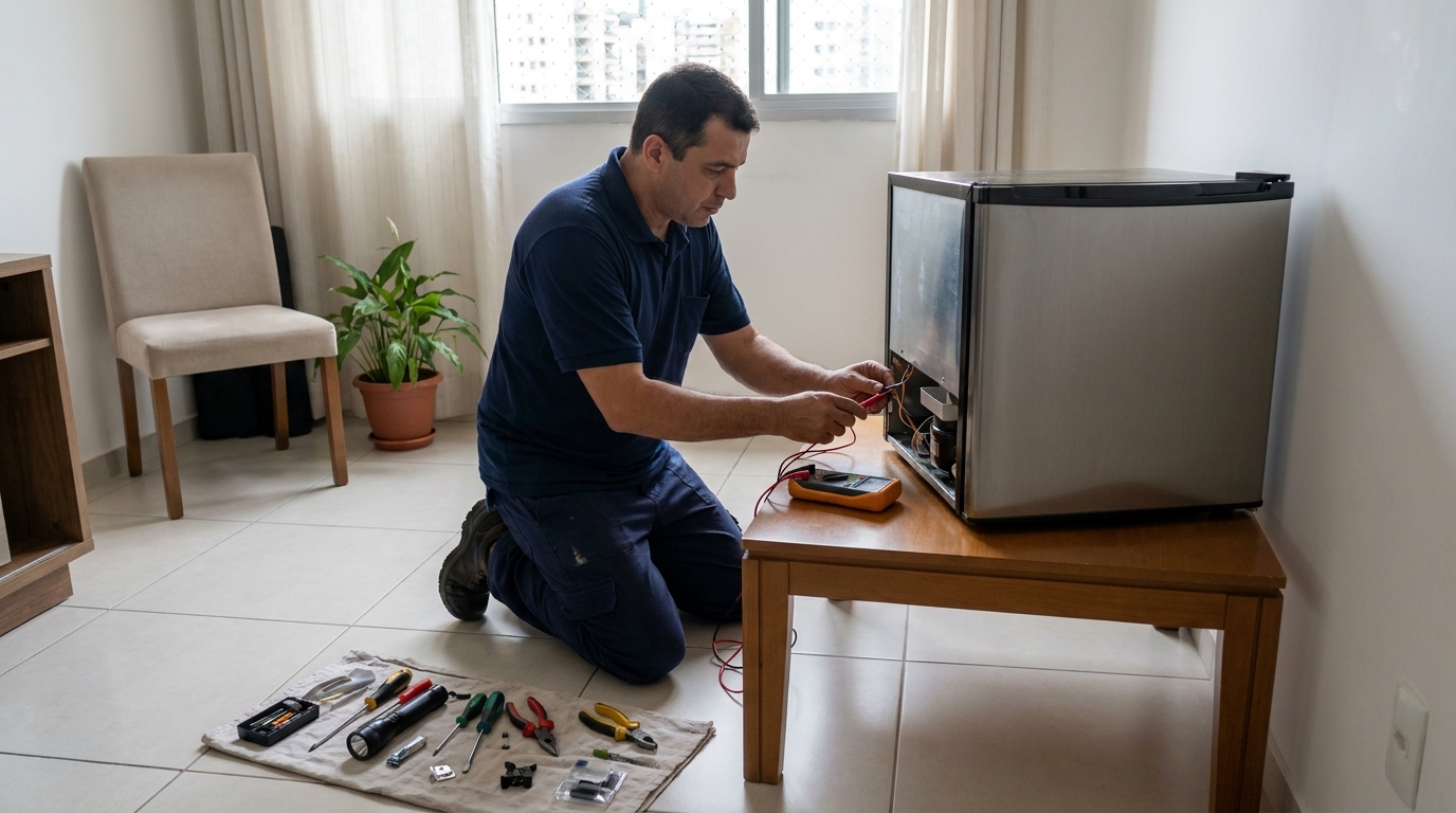 Técnico fazendo manutenção do motor de frigobar em Caucaia, Fortaleza‑CE