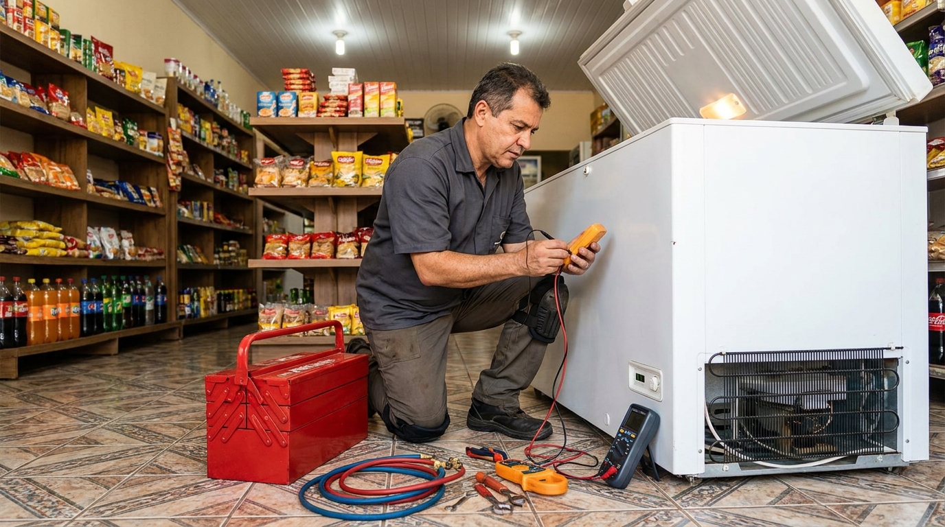 Recarga de gás refrigerante no freezer durante atendimento no Dendê, Fortaleza‑CE