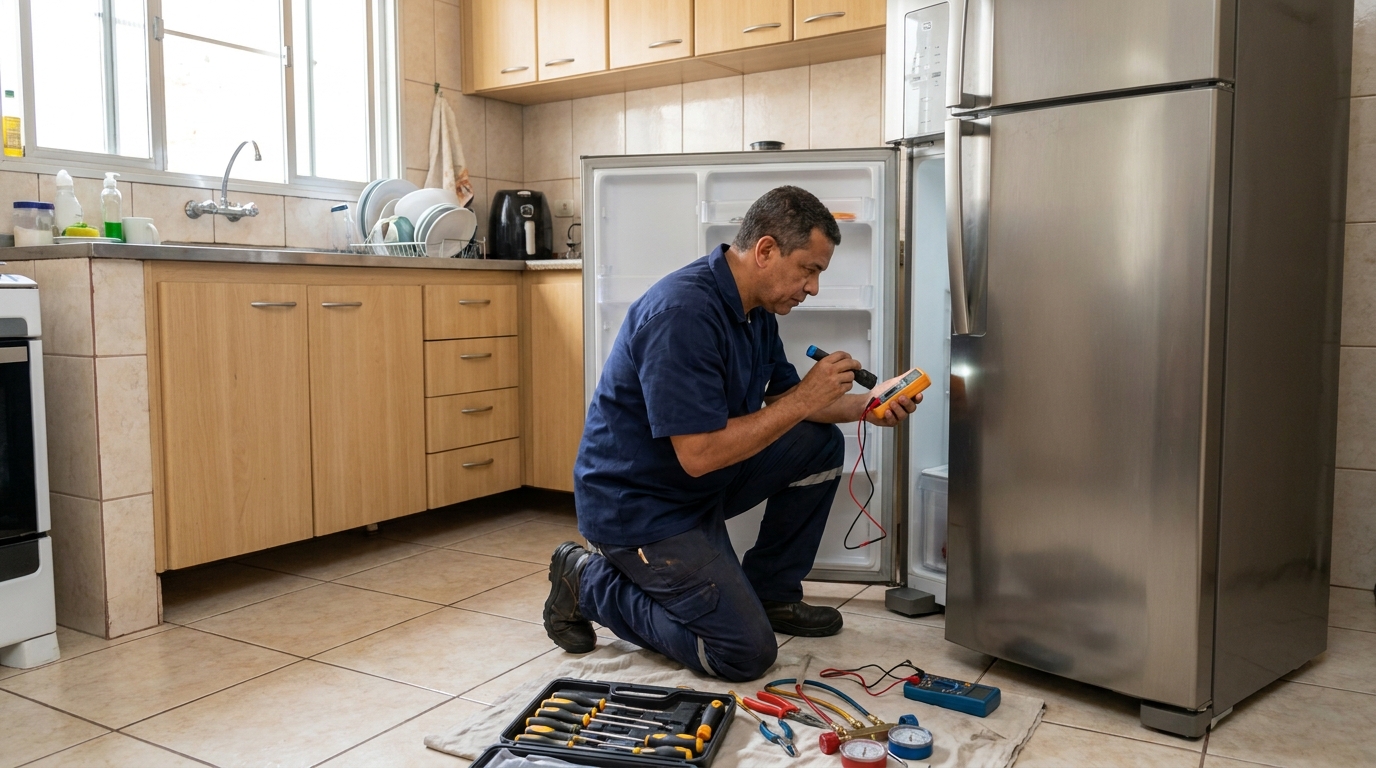Técnico aplicando recarga de gás refrigerante em geladeira no Antônio Bezerra, Fortaleza‑CE