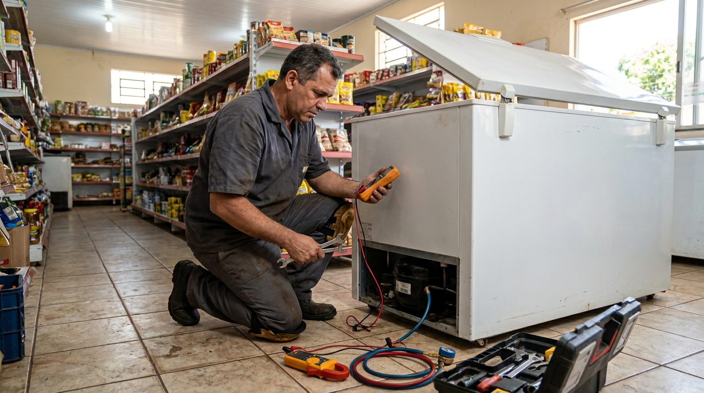 Substituição de termostato de freezer em visita técnica no Dendê, Fortaleza‑CE